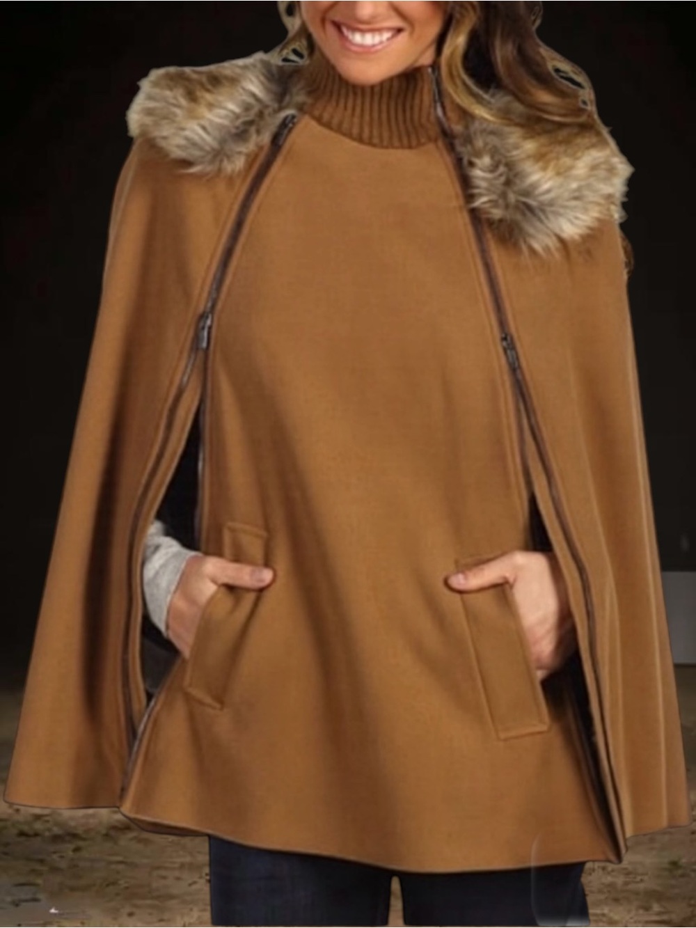BCBGMaxazria Ryder Dark Camel Faux Fur Trim Poncho Cape Coat Size Small